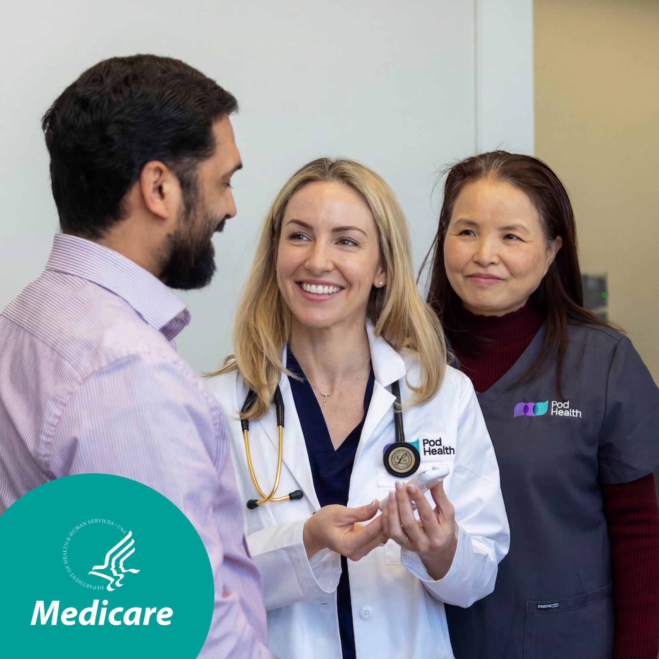 Pod Health doctor and nurse discussing diabetes patient care with a Medicare member in a medical office