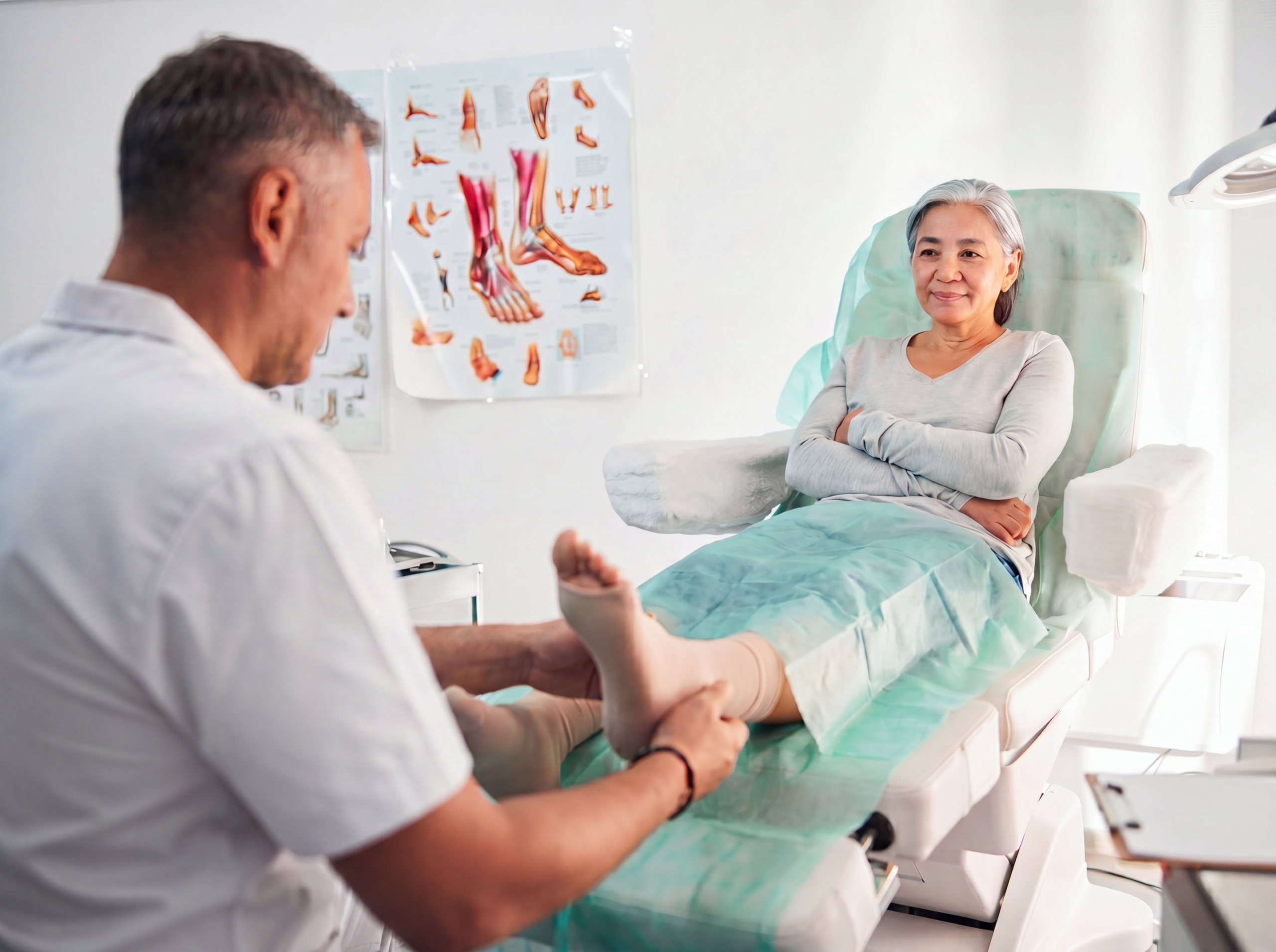 Podiatrist examining the foot of an older adult patient, showing why podiatry care matters for people with chronic conditions